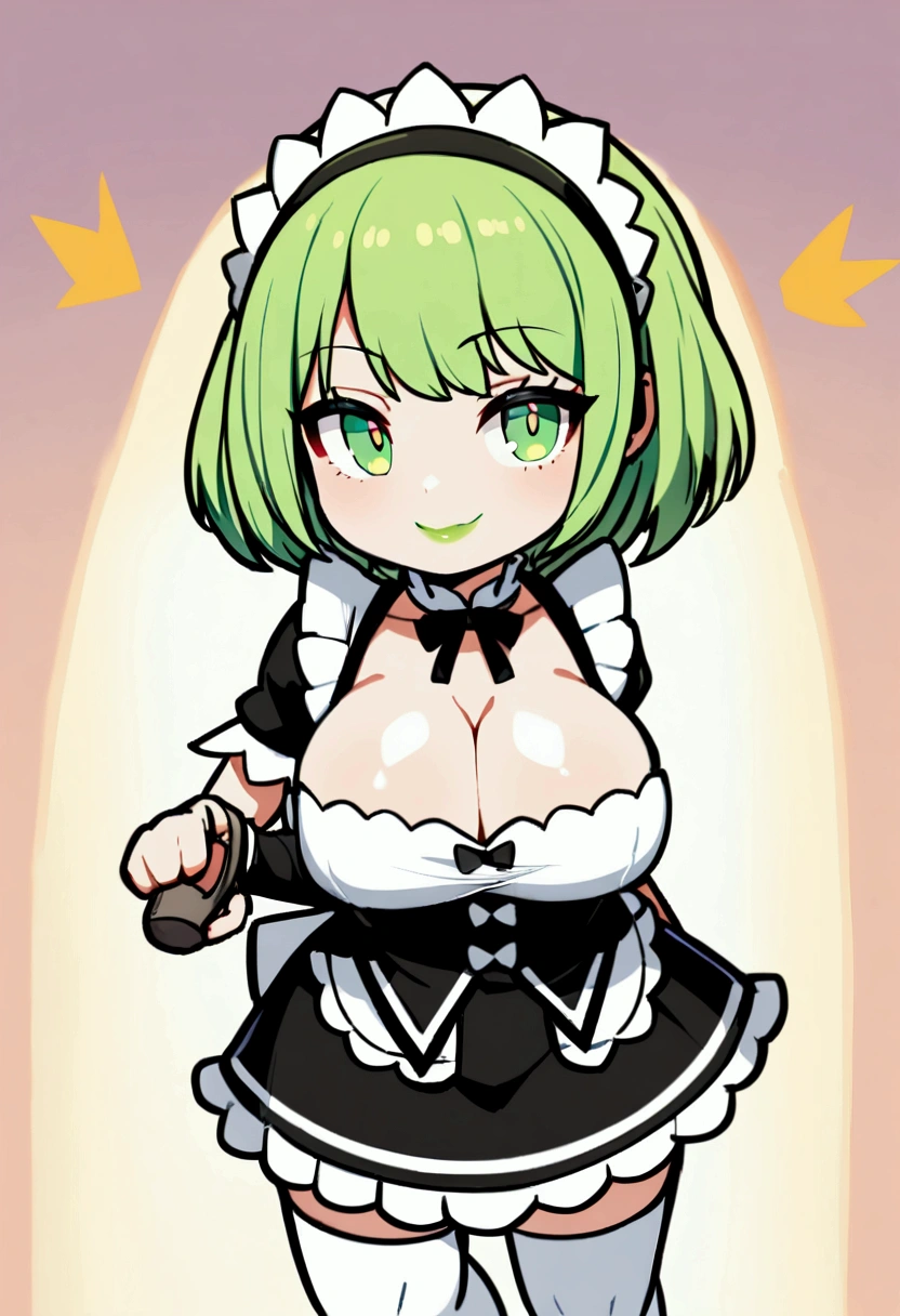 1girl with short green hair, green eyes, green lips, maid uniform, decolletage, big breasts, chibi style, full stand, standing, simple background, smiling