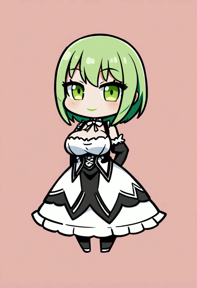 1girl with short green hair, green eyes, green lips, maid uniform, decolletage, big breasts, chibi style, full stand, standing, simple background, smiling