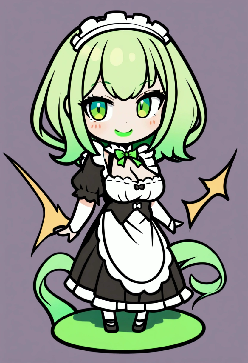 1girl with short green hair, green eyes, green lips, maid uniform, decolletage, big breasts, chibi style, full stand, standing, simple background, smiling