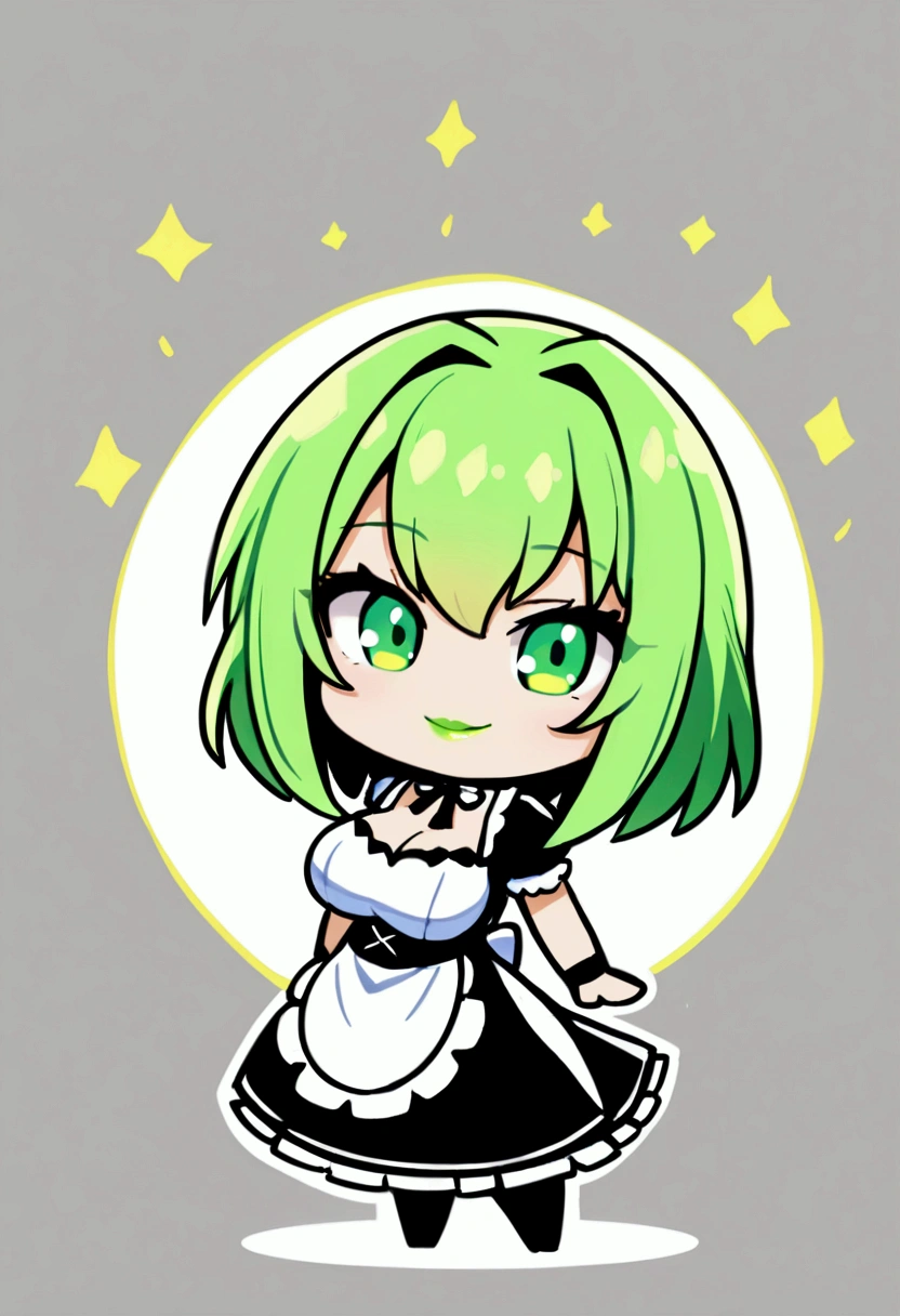 1girl with short green hair, green eyes, green lips, maid uniform, decolletage, big breasts, chibi style, full stand, standing, simple background, smiling