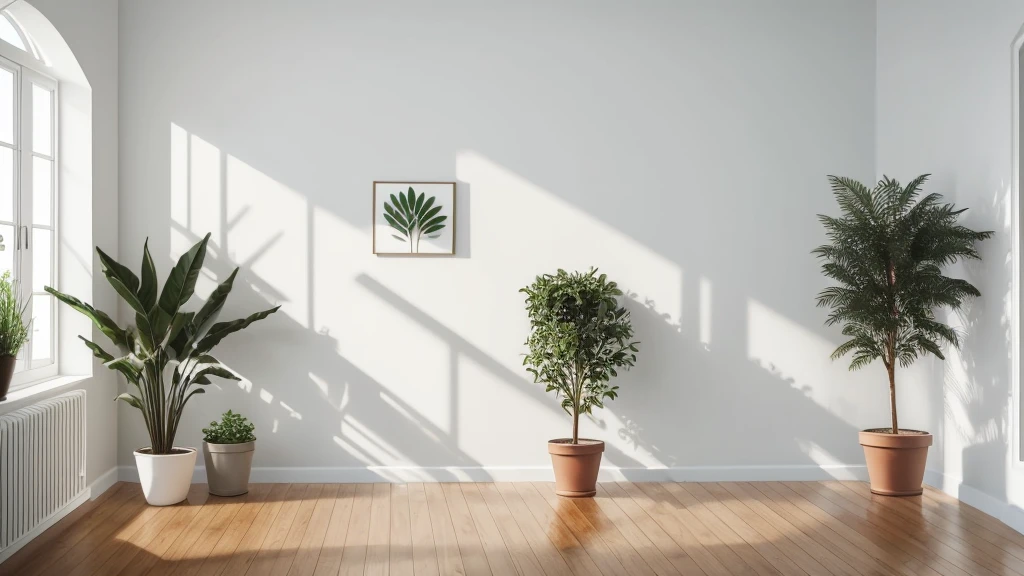 (Clean walls,(((Blank wall))),Wall close-up,)Large blank areas,Green potted plants.Soft Light