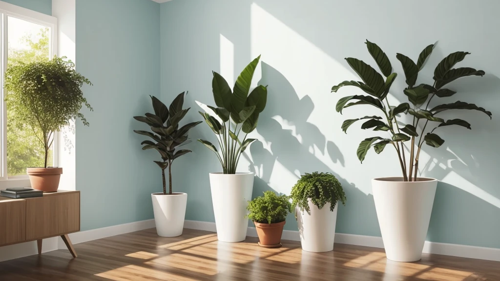 (Clean walls,(((Blank wall))),Wall close-up,)Large blank areas,Green potted plants.Soft Light
