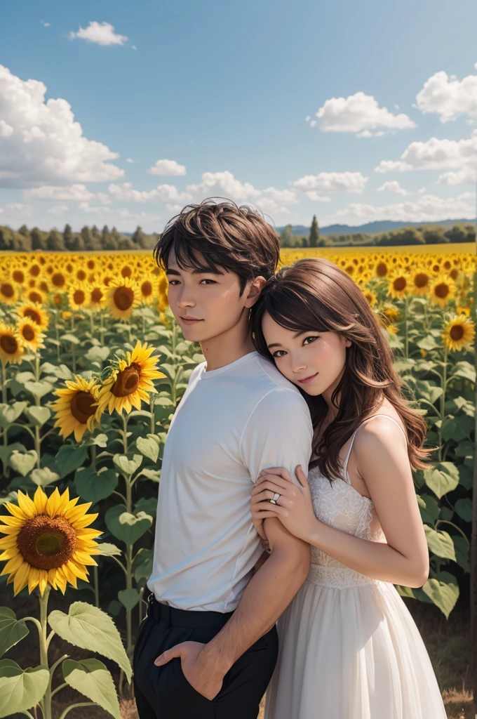 drawing of a couple in a field of sunflowers
