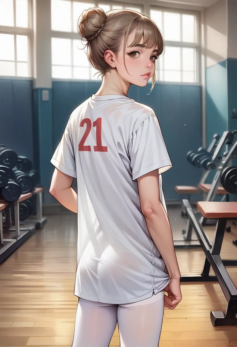 1girl, european girl, the bun hirstyle, light-brown hair, oversized white t-shirt, white pantyhose, without lengire, standing, school gym, school, realistic, source_anime, deatiling panting, brown eyes, detailing body, back view
