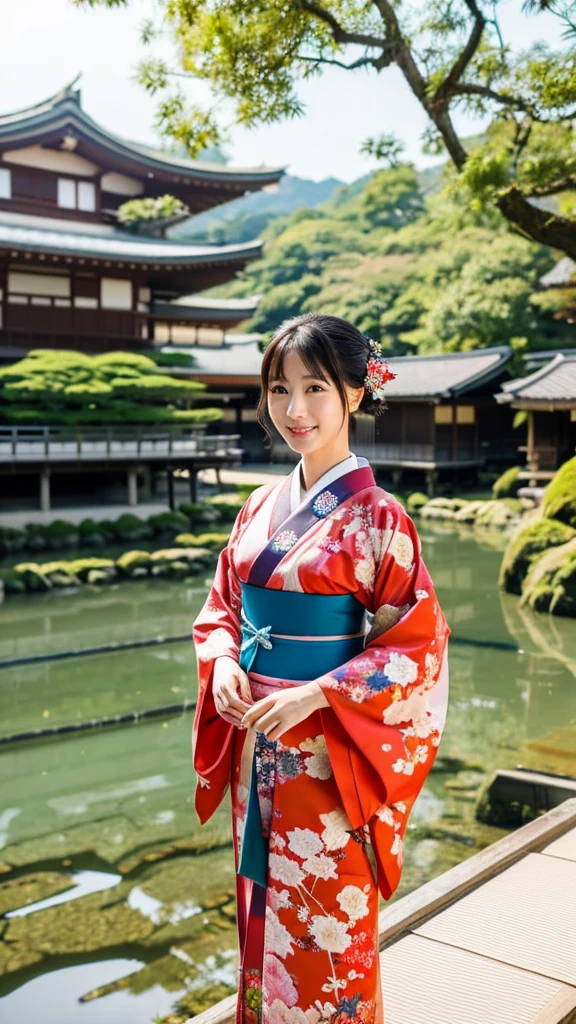 Generate an image of a maiko wearing a beautiful traditional kimono。She has a traditional Kyoto landscape in the background.。The maiko's hairstyle is set in a complex style along with the rice.、The face is made up in typical white paint。Her kimono features vibrant colors and intricate patterns.。Also、Holding a fan in his hand、Graceful posing。I would like the background to include cherry blossoms and old-fashioned buildings.。