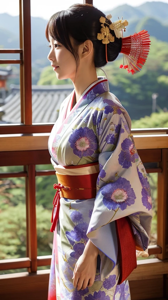 Generate an image of a maiko wearing a beautiful traditional kimono。She has a traditional Kyoto landscape in the background.。The maiko&#39;s hairstyle is set in a complex style along with the rice.、The face is made up in typical white paint。Her kimono features vibrant colors and intricate patterns.。Also、Holding a fan in his hand、Graceful posing。I would like the background to include cherry blossoms and old-fashioned buildings.。