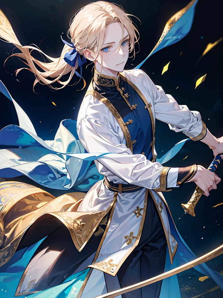 Young man, he has golden hair and low pony tail and blue eyes ,he wear a white shirt , he hold the longsword, he smiled.
