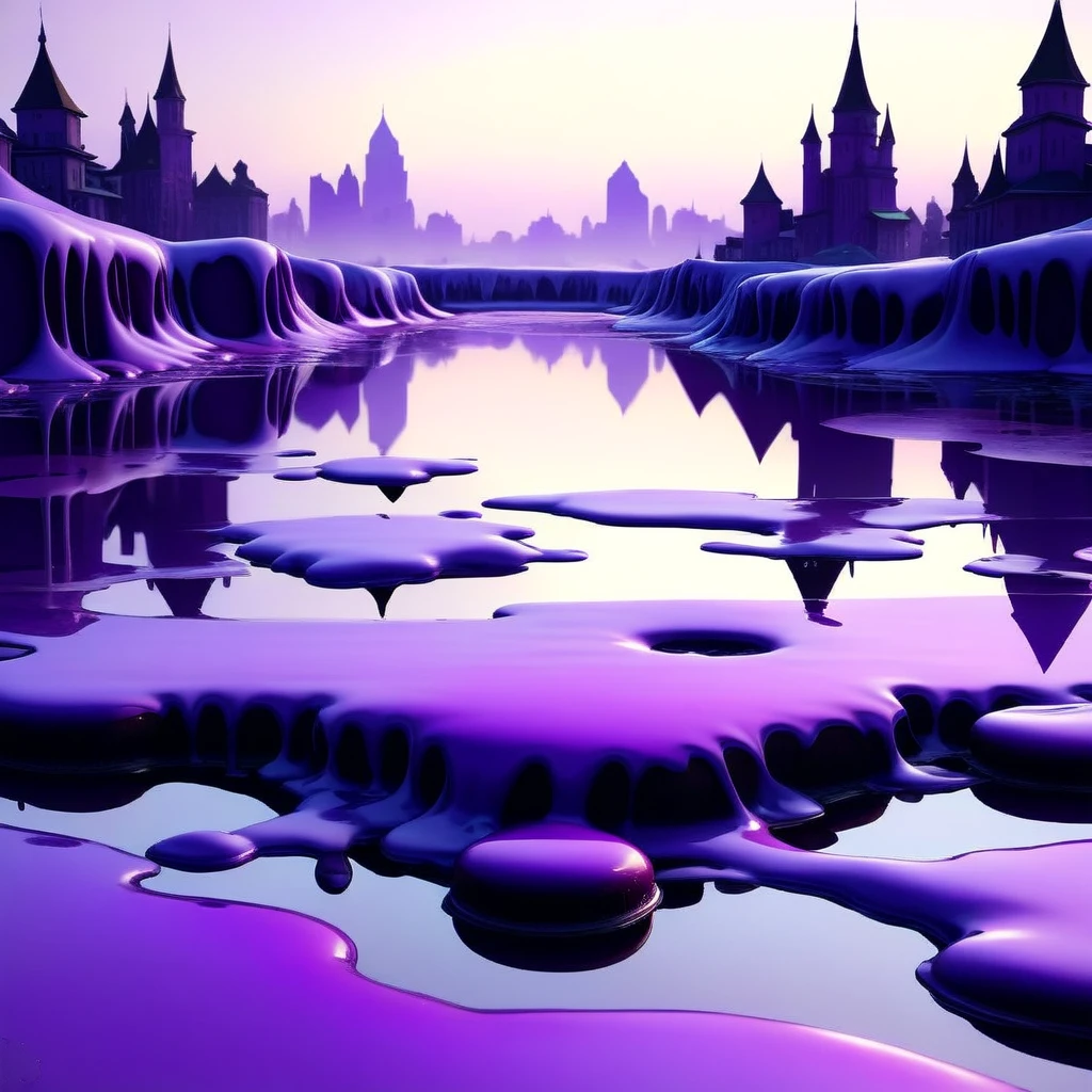 CheeseOnTopStyle, Purple cheese, a frozen pond with the reflection of a summer city, melted liquid on top, (Masterpiece:1.3) (best quality:1.2) (high quality:1.1)