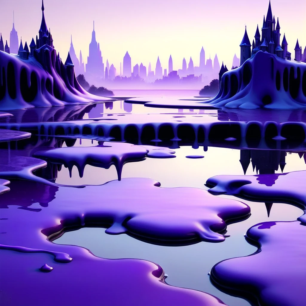 CheeseOnTopStyle, Purple cheese, a frozen pond with the reflection of a summer city, melted liquid on top, (Masterpiece:1.3) (best quality:1.2) (high quality:1.1)