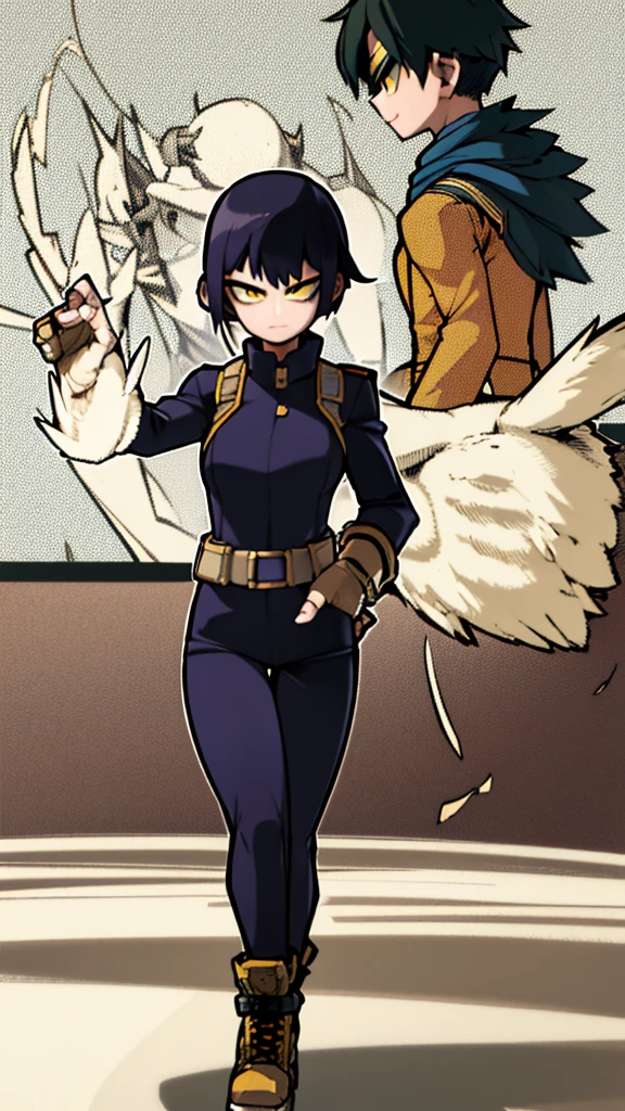 Adolescent, Woman, short black hair, yellow eyes, perfect body, very beautiful, Boku no hero academy, Military style hero suit, hand with five fingers