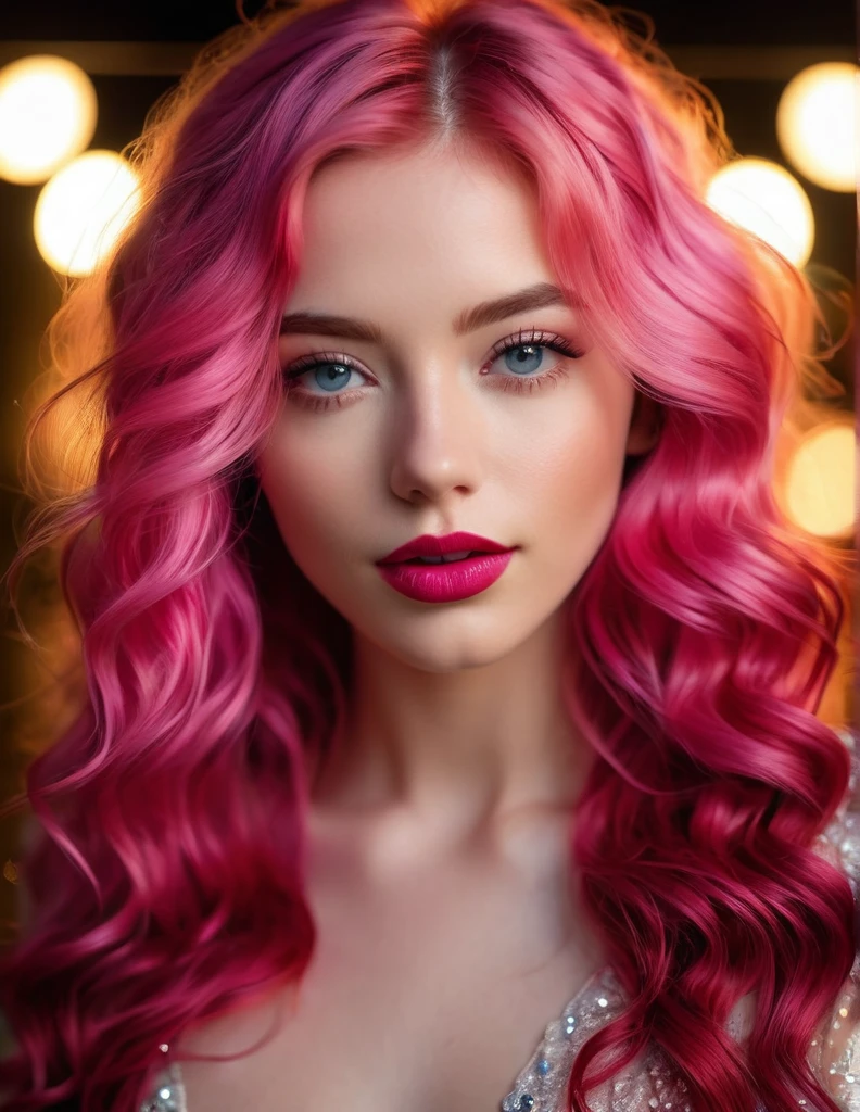 very attractive 25 year old female with long wavy bright pink hair,Beautiful woman with red lips and mouth closed, Her eyes shone like dreamy stars, glowing eyes, beautiful and detailed eyes, RAW photo,(high detailed skin:1), (realistic, photo-realistic:1.40), ultra high resolution, professional lighting , 8k uhd, dslr , high quality, film grain, Fujifilm XT3, RAW photo,, RAW photo,(high detailed skin:1), (realistic, photo-realistic:1.40), ultra high resolution, professional lighting , 8k uhd, dslr , high quality, film grain, Fujifilm XT3, RAW photo