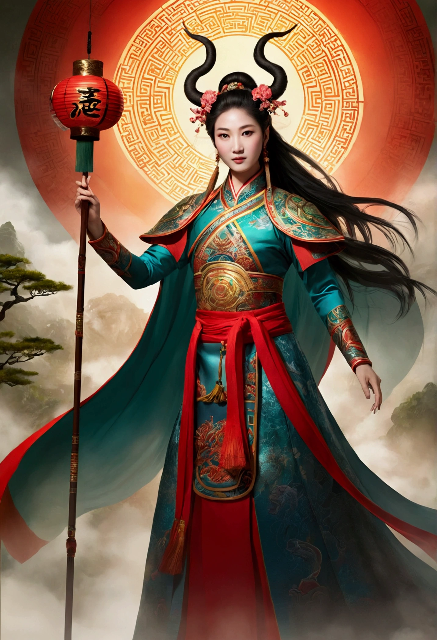 Mythological Creatures,((Kun in Chinese Mythology)),Chinese traditional elements,mural,Illustrative myths,Fuyao Legend,Dappled Light,Hazy Haze,Mysterious atmosphere,masterpiece,HD,colorful,details,Seven colors