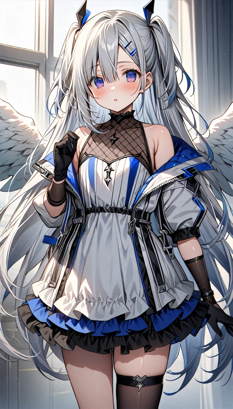 best quality,ultra detailed,extremely detailed and beautiful,perfect anatomy,perfect hands,(amane kanata)+++, angel, angel_wings, asymmetrical hair,silver hair,mesh (blue), very long hair, two side up,flat chest,(black frill dress)+,black gloves, (white jacket)+++,opened jacket,asymmetrical legwear,