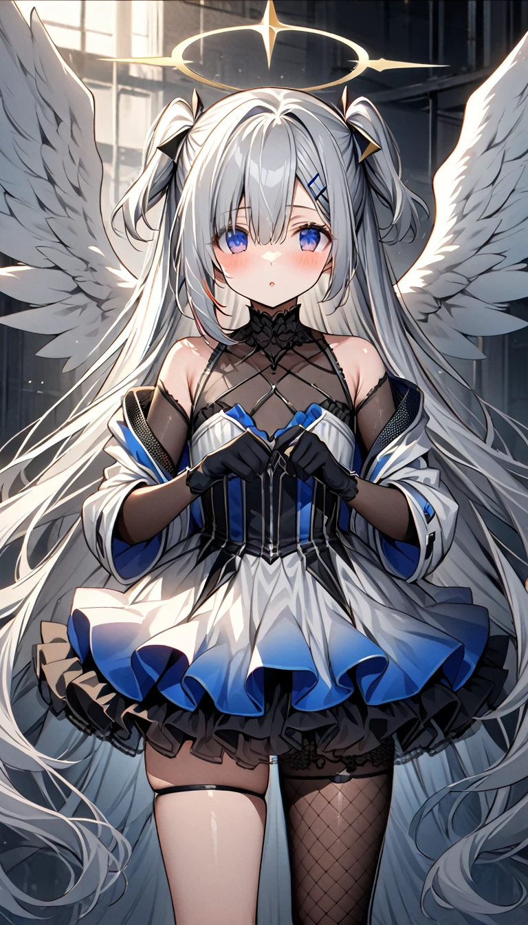 best quality,ultra detailed,extremely detailed and beautiful,perfect anatomy,perfect hands,(amane kanata)+++, angel, angel_wings, asymmetrical hair,silver hair,mesh (blue), very long hair, two side up,flat chest,(black frill dress)+,black gloves, (white jacket)+++,opened jacket,asymmetrical legwear,