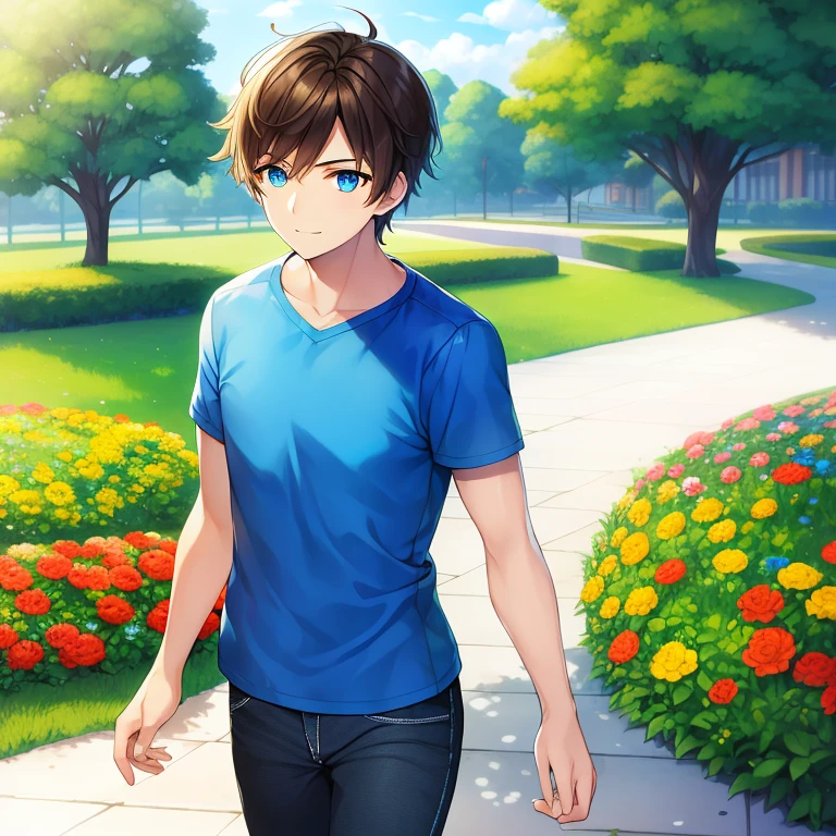 Masterpiece, best quality, high quality, One boy, solo, hansome, wears blue t-shirt with black sport jeans, has blue eyes, Beautiful eyes, has short Brown hair, walking, happy expression, sunny day, in the park, flowers in the grass