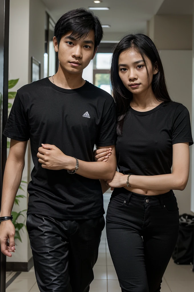 Thai couple, a 12-year-old Thai boy and a 12-year-old Thai girl, of the same height, thin and slender, walking hand in hand and wearing a black t-shirt and black pants. And they wear a black bracelet on both arms. Emphasize that they wear a black t-shirt.
