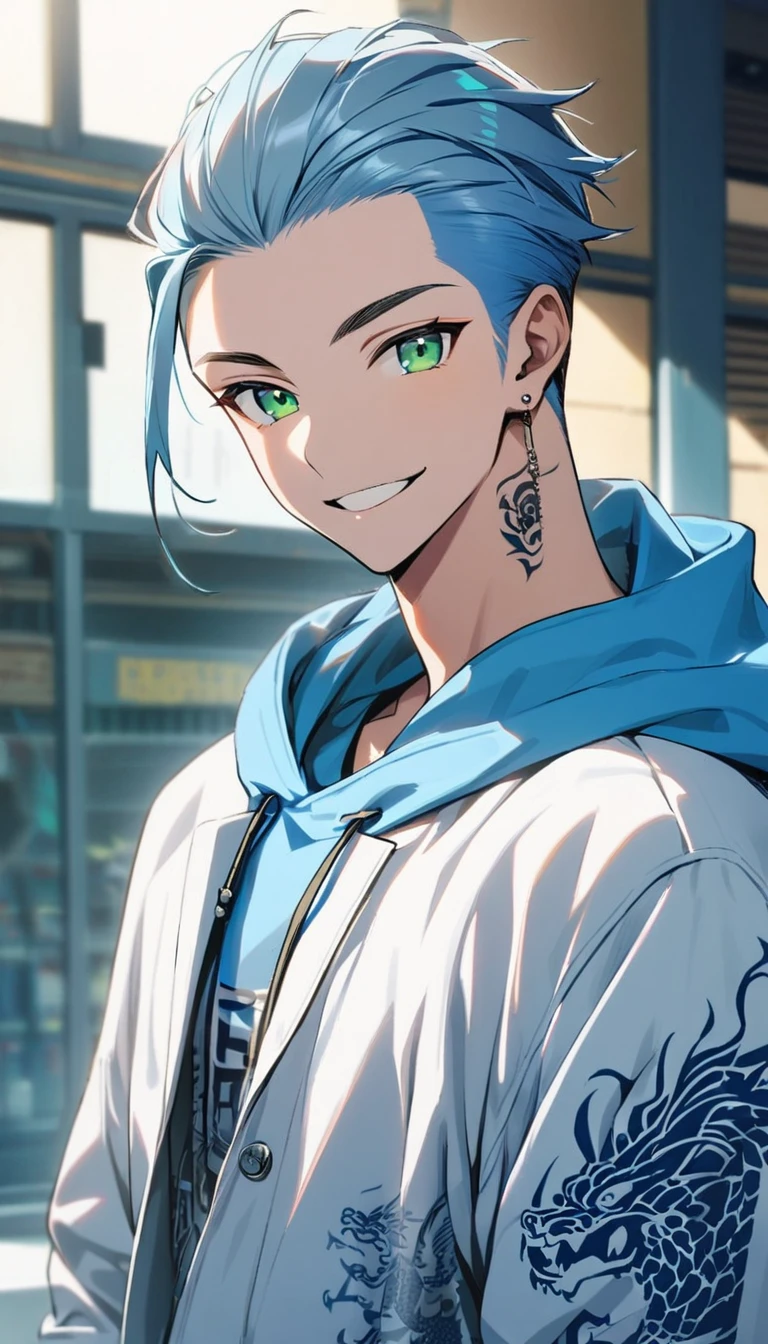1boy,pretty,slick back soft fade light blue colour hairstyle,green eyes,earrings,,big blue hoodie,white blazer with school logo on top, beautiful smile,standing ,blue dragon tattoo,