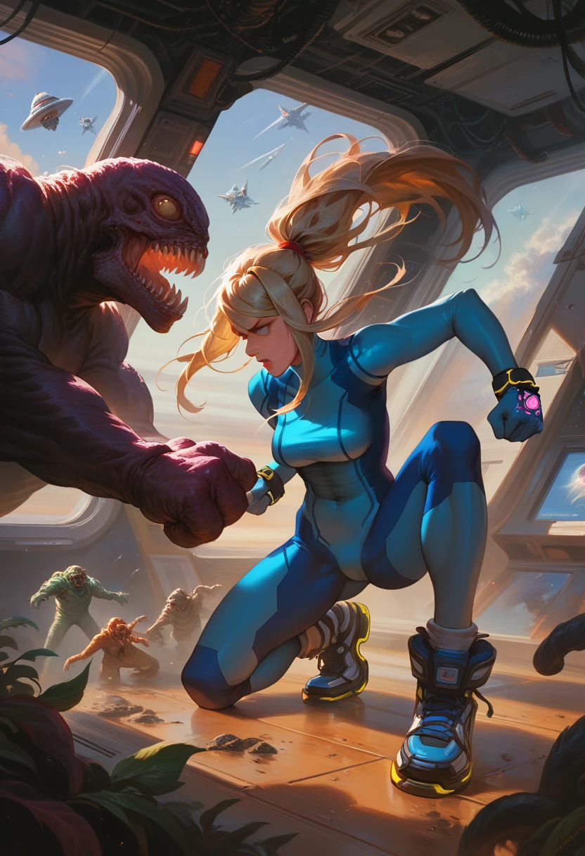 background
inside a space station.1girl, 1monster, Samus Aran, Samus fight with monster, Samus Aran Vs Monster, fighting, realistic, blondie, source_anime, space station, detailing painting