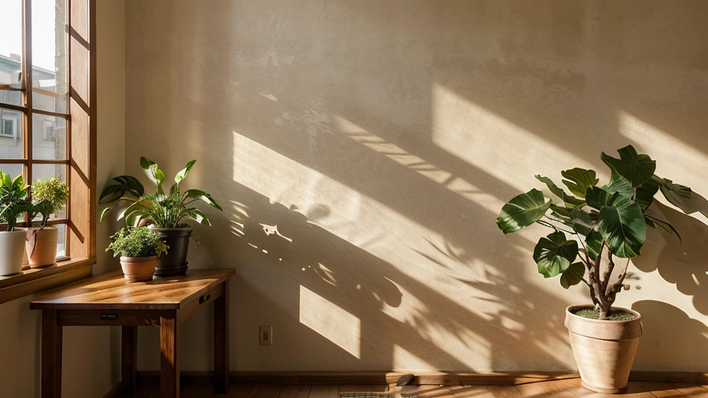 A wooden table with a potted plant in front of a wall、Natural light coming from the sun background。.