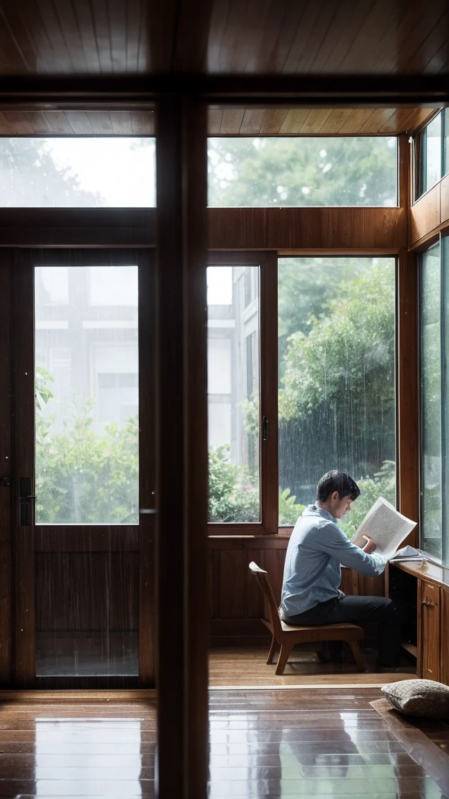 On a rainy day, inside a room with a floor-to-ceiling glass window. Raindrops are trickling down the glass, forming tiny droplets. The perspective is facing the window, with a clear view of the scene outside. Inside the room, there is a desk where a man sits, engrossed in reading a book. Around him, there are some books and stationery items. The light from outside filters through the rain-covered window, adding a cozy atmosphere to the room.