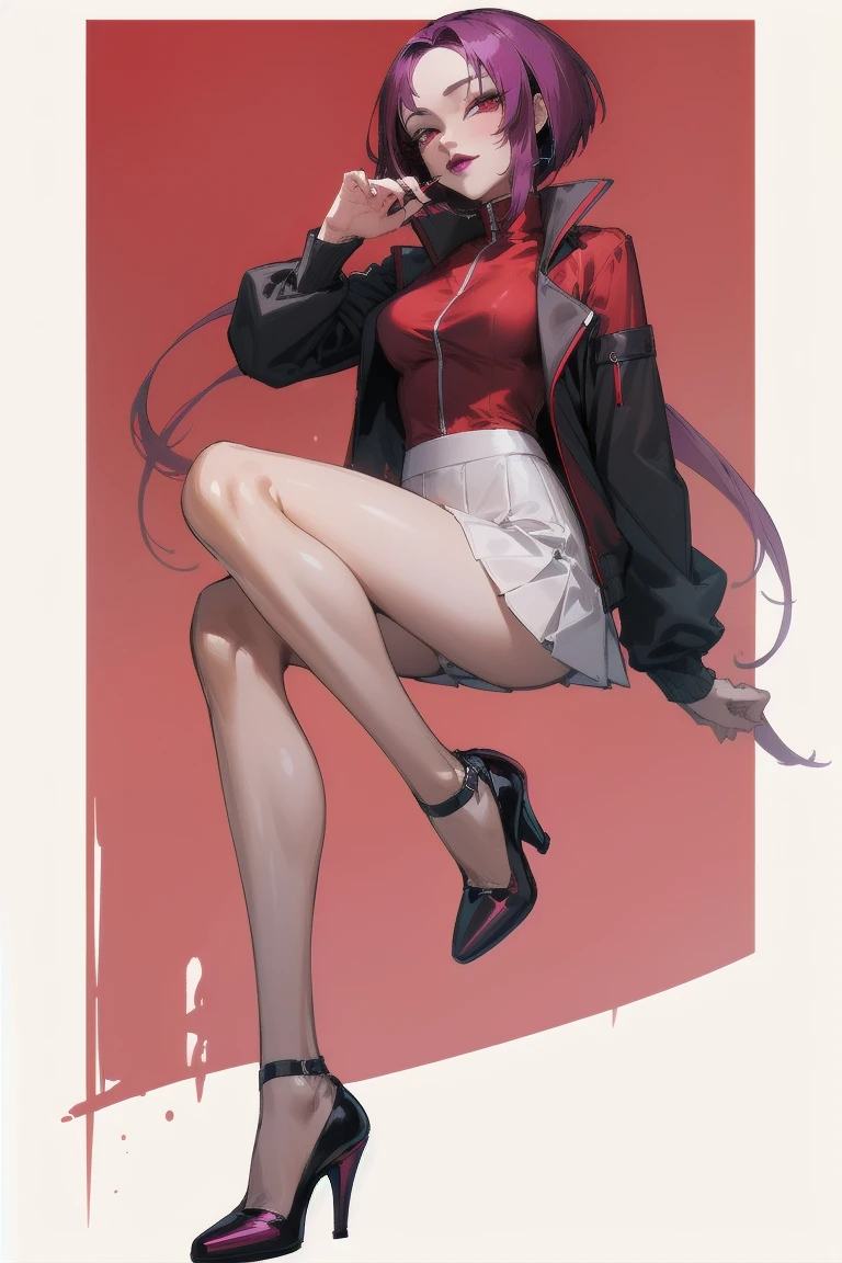 ((Highest quality)), ((masterpiece)), (Familiar), Hazy, Female,Mature Woman,Purple Hair, short hair, Low Ponytail, eye shadow, lipstick, Red eyes,Red and black jacket, White tight skirt,Red Heels