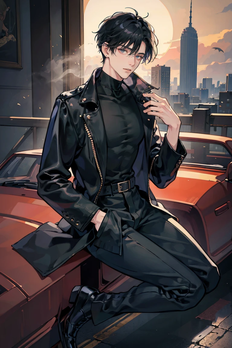 (masterpiece), best quality, seductive eyes, perfect face, handsome man, black eyes, short messy black hair, long nose, plain black turtleneck, black leather jacket, black fitted pants, full body, tall man, long legs, anime cover, 1boy, ear piercings, hands in pockets, adult-like look, bad boy, the background is a burning tower with his car