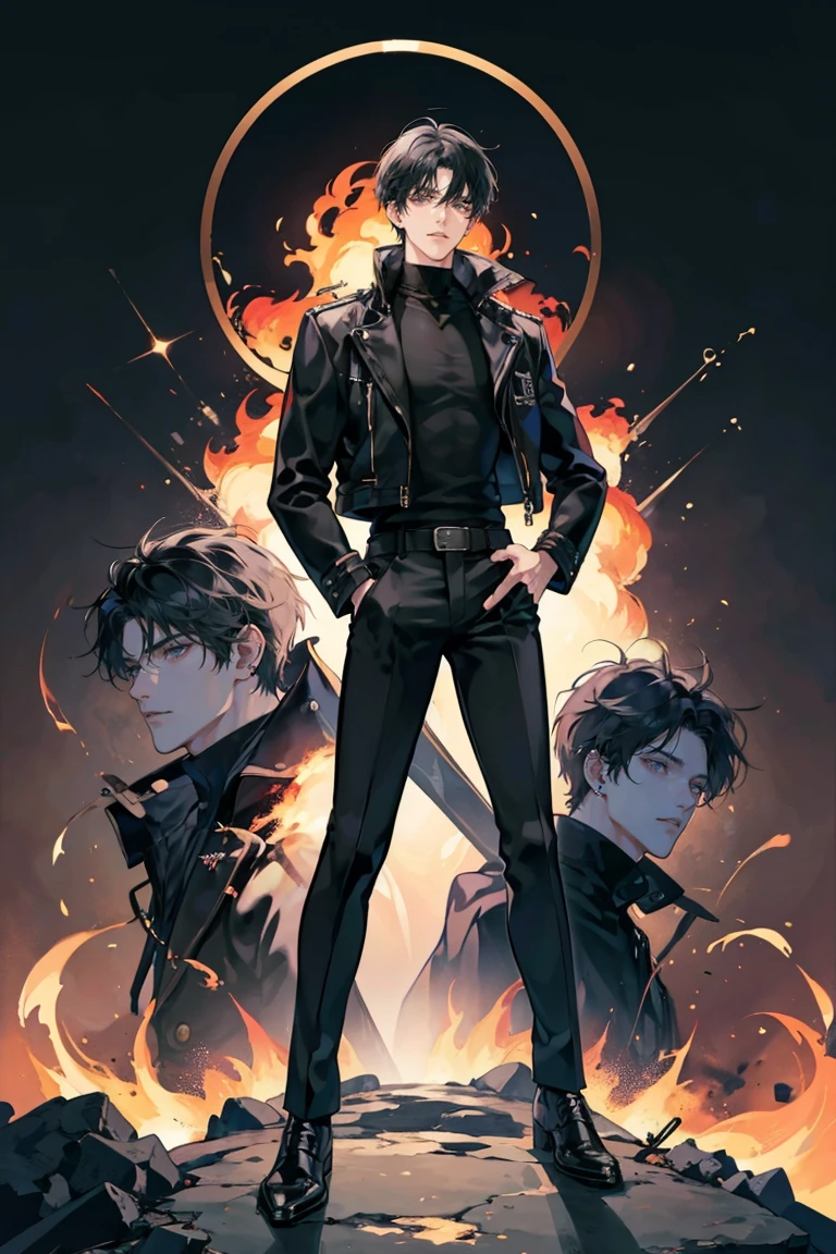 (masterpiece), best quality, seductive eyes, perfect face, handsome man, black eyes, short messy black hair, long nose, plain black turtleneck, black leather jacket, black fitted pants, full body, tall man, long legs, anime cover, 1boy, ear piercings, hands in pockets, adult-like look, bad boy, the background is a burning tower with his car