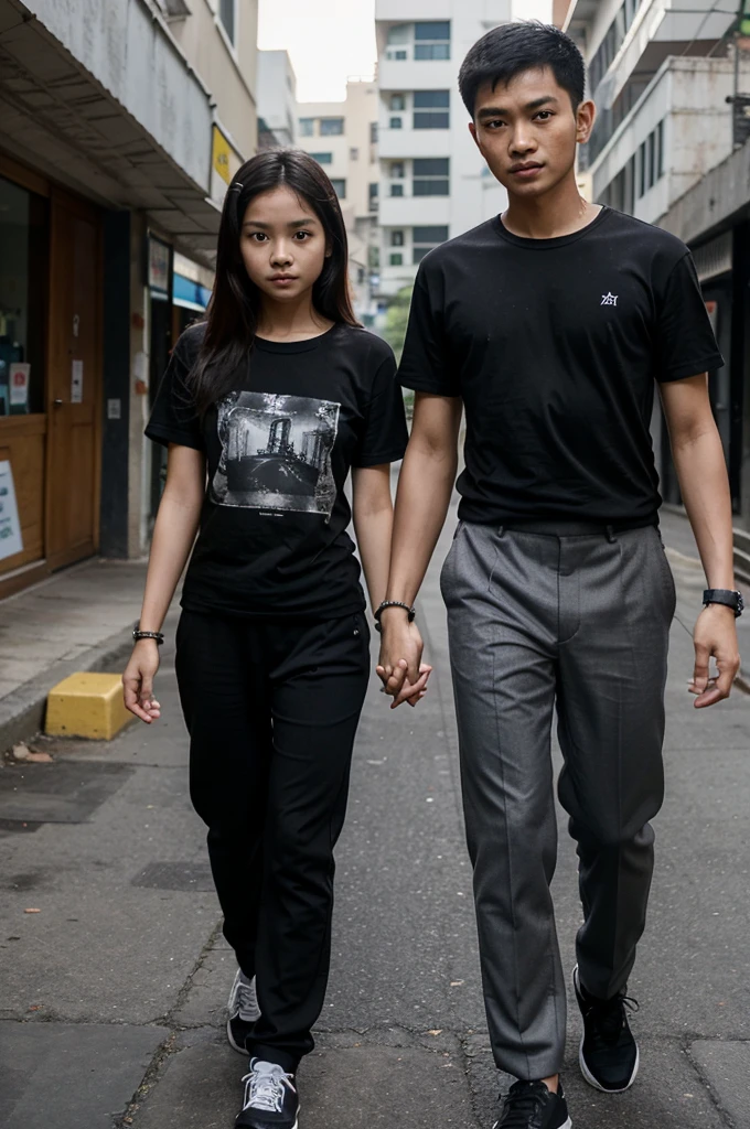 Thai couple, a 12-year-old Thai boy and a 12-year-old Thai girl, of the same height, thin and slender, walking hand in hand and wearing a black t-shirt and black pants. And they wear a black bracelet on both arms. Emphasize that they wear a black t-shirt.