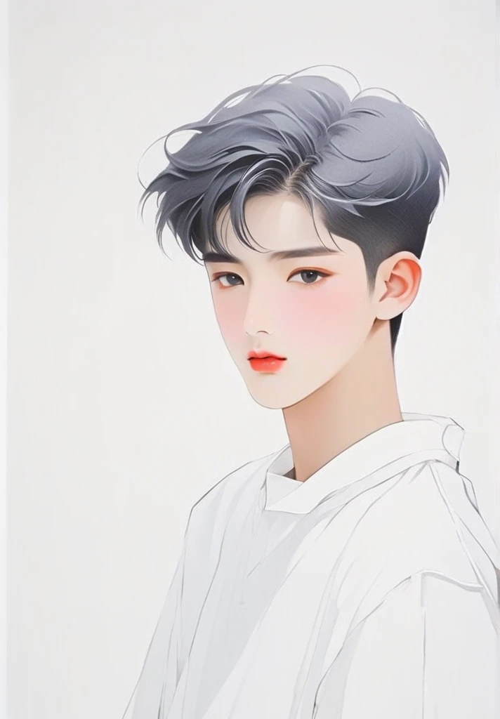 Make a Korean middle school boy in a white room with a modern art style.