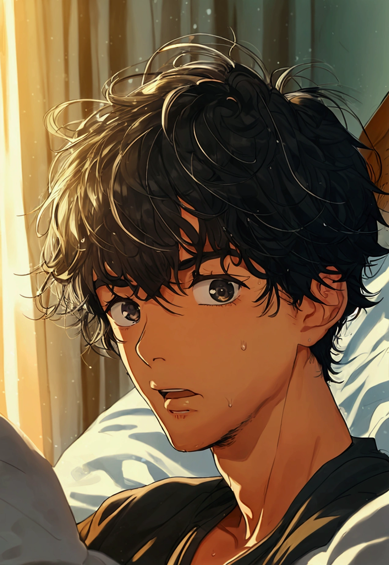It's a close-up shot of a fat man with unkempt hair and a surprised look on his face, his face beaded with sweat, as he sits on his bed, panoramic, surrounded by messy sheets and scattered pillows. The soft computer light of the desktop cast a warm light on his face, highlighting the surprise and confusion on his face.