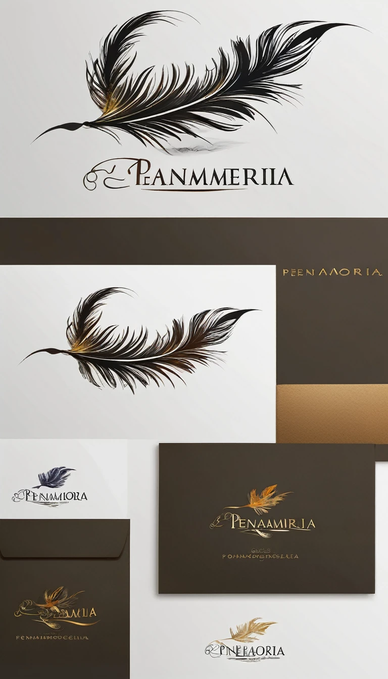 Create a minimal, modern, simple, inspirational, memorable, dream like logo a fantastic, unique feather for the brand “Penamemoria". The logo design pecial Memory Feather