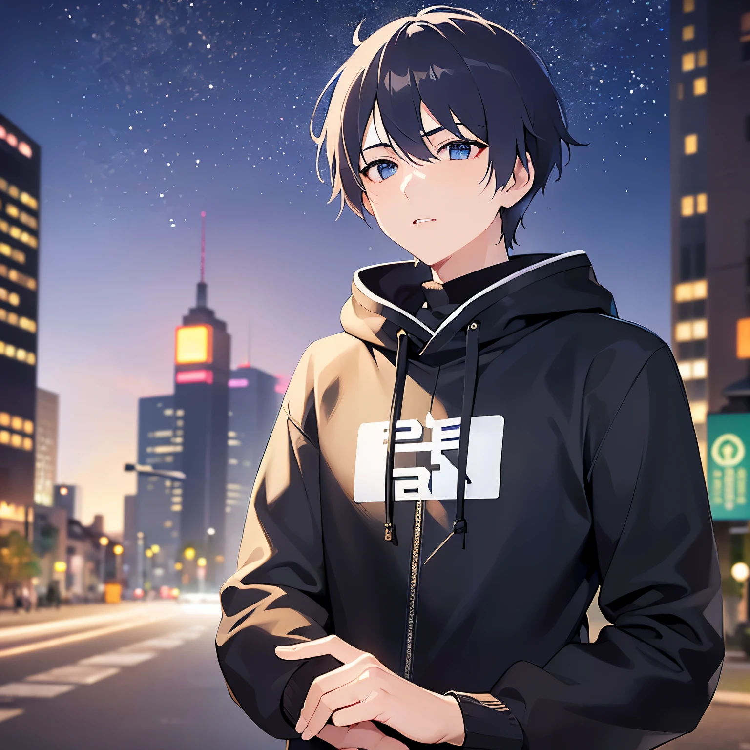 (running:1.2)(25-year-old male:1.5) and (Black short hair) and (blue eyes)、(looking away:1.5),upper body、Side shot、
shiny skin, masterpiece、Highest quality、
black hoodie ,running、
Night Park、(grass:1.5)、illumination、(Night Sky:1.5)