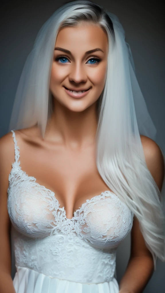 RAW photo, face portrait photo of beautiful 20 y.o woman, blue eyes, cute face, long white hair, wearing sexy wedding dress, cleavage, happy face, She held a white rose in her hand, big large breast, hard shadows, cinematic shot, dramatic lighting