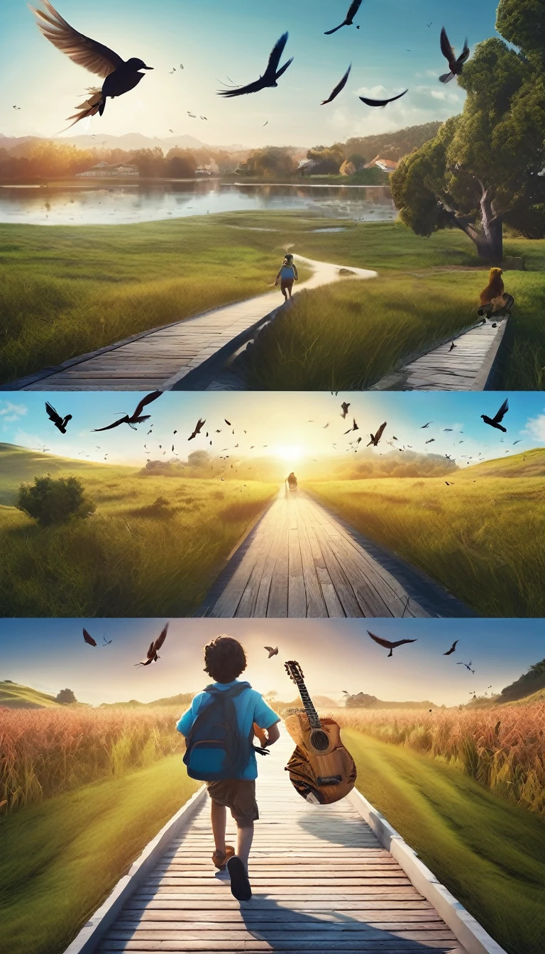 Create a professional, fantastic, cinematic Youtube Banner for a brand about music and stories called " Penamemoria". Masterpiece, 4k, sharp focus, highest quality,wide shot. The title is " Penamemoria". Is a brand about the creative, unique journey of a boy into becoming a musician storyteller. In his journey he finds inspiration in a world of birds and feathers. Minimalistic, simple, poetic, dreamy logotype at the center of the image. The Background image is a world full of fantastic feathers, unique birds, light blue sky, and a boy running happily into the horizon with an acoustic guitar in his right hand. Boy running against the wind, almost simulating like he is flying
