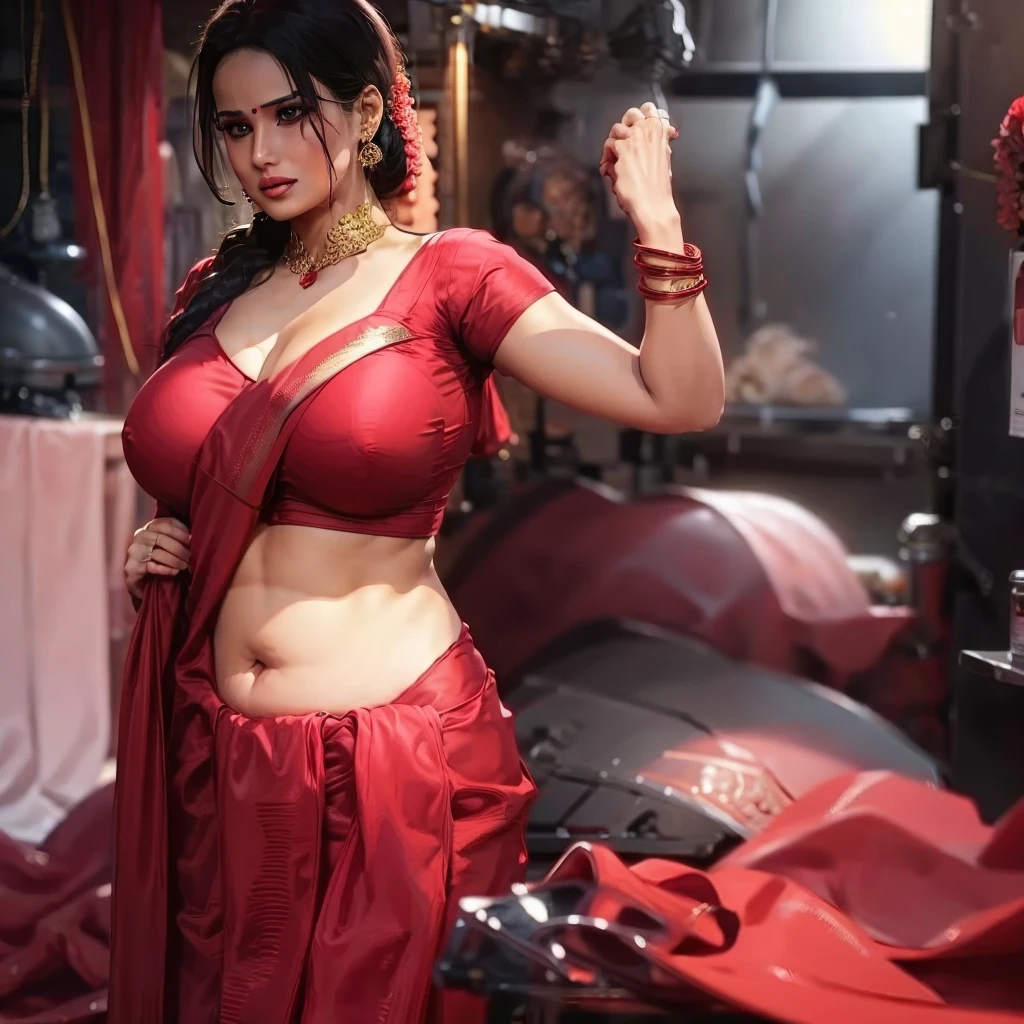 Huge breast red saree