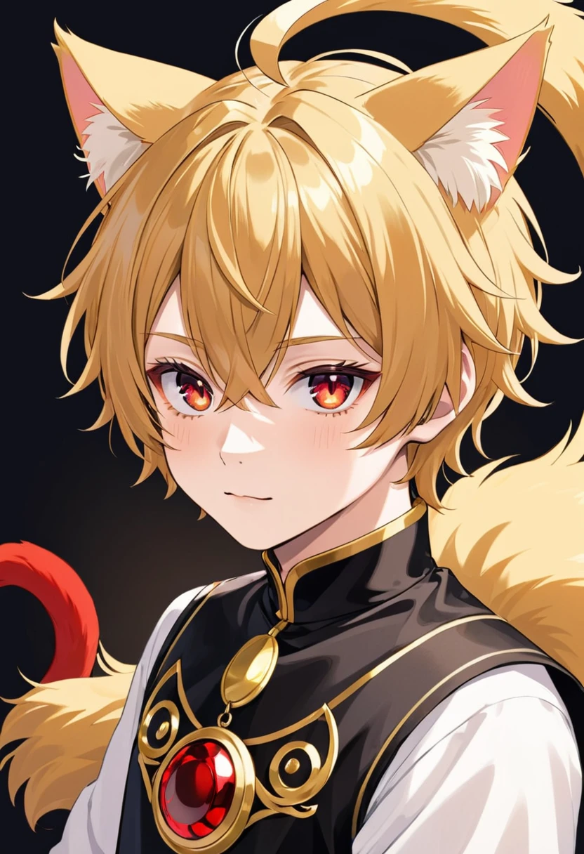a boy with golden hair, golden cat ears and tail, and red eyes