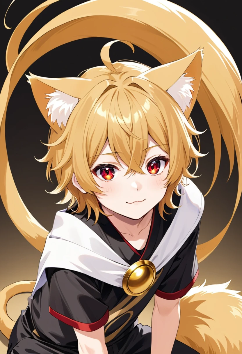 a boy with golden hair, golden cat ears and tail, and red eyes 