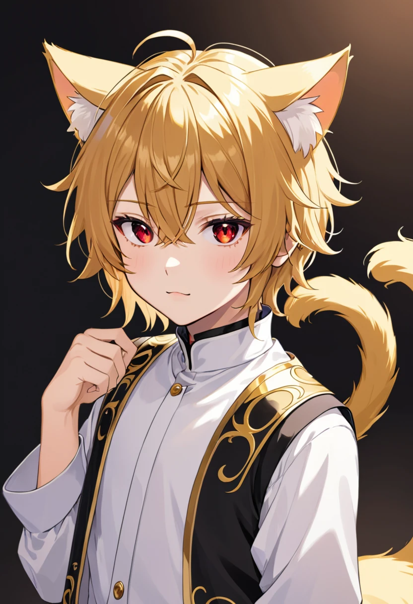 a boy with golden hair, golden cat ears and tail, and red eyes