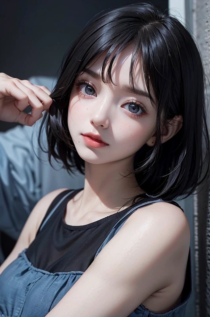 Highest quality, masterpiece, look up, cute,(Horror),(((Beautiful girl))),(Sexy),(sexy),((Small breasts)),Baby Face,(Blue dress,Summer clothes),(Middle school students),Black Hair,Bobcut,Beautiful Style,((Pale skin)),Sensual look,Embarrassed,Sexy表情,Heavy makeup,Expressions of delight,(Dark atmosphere),(Dark atmosphere,fear),((Dim lighting))