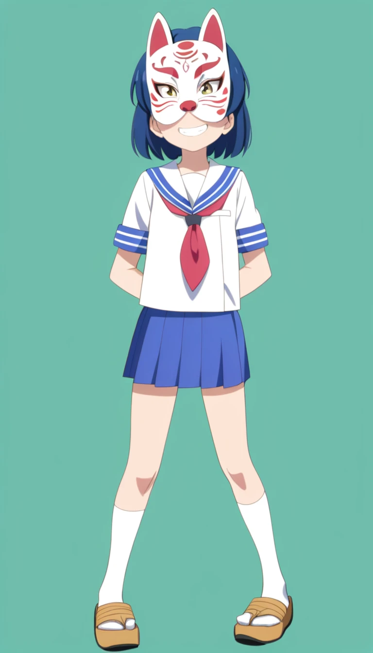 18-year-old, young girl, anime, short hair, (Japanese fox mask on his face), blue hair, full body, sailor suit, short pleated skirt, smiling, (simple background), (stand up straight), anatomically correct