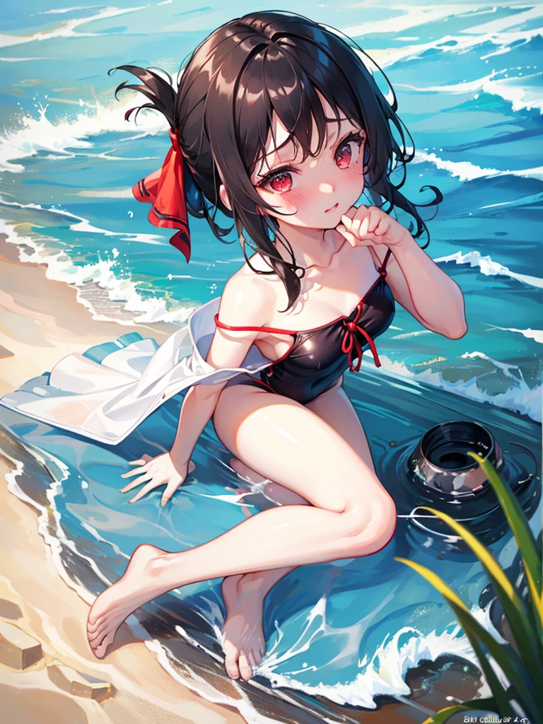 Random patterned swimsuit、Random patterned swimsuit,Swimsuit,Blushing、Black Hair、Red ribbon、Pale red eyes　、Head to toe full body、Blushing、Embarrassed look、Composition from the front、A view from slightly below、school swimwear、Acme Face、Random pose、, 、nsfw、Highest quality、1 girl、独奏、Ocean、Sandy Beach、Sexy pose、Random pose、Blushing、wet、Embarrassed、I can see half of my 、、One piece swimsuit、(Strap slip:1.3)、