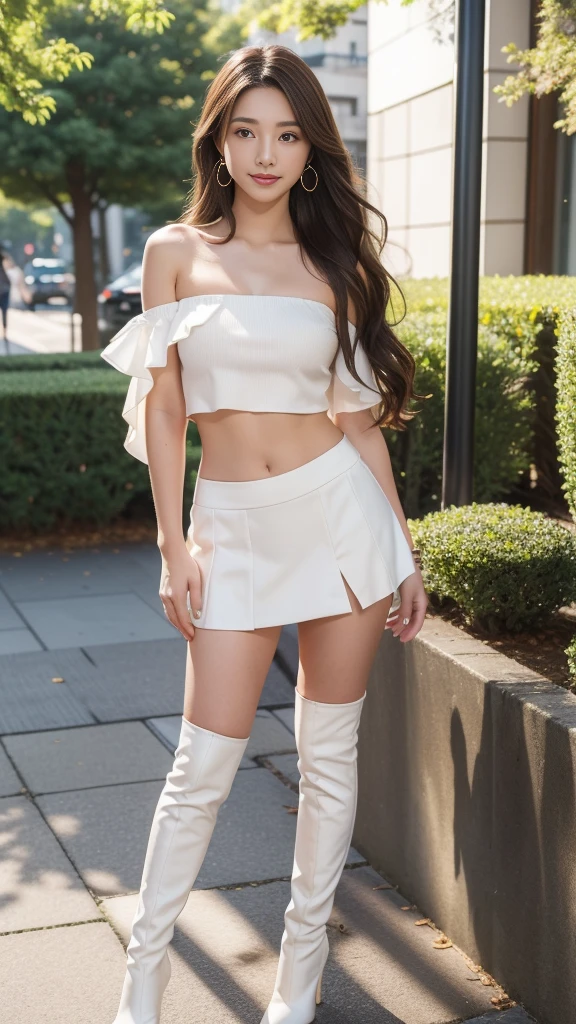 （Brown layered wavy hair）,Heavy makeup、(18 year old,two females,Japanese):1.2、8K, Seductive smile,tall：1.4、a small face、Nikon Z 85mm, ((Best Quality)) ,((masterpiece)), intricate detailes, Professional, Realistic, Photorealistic、 ((Strapless,Baretop midriff,Sexy mini skirt))：1.2、（Walking in the park）:1.2, large earring、（White Stretch knee boots with high stiletto heels、Pointed toe）：1.2、Full body shot