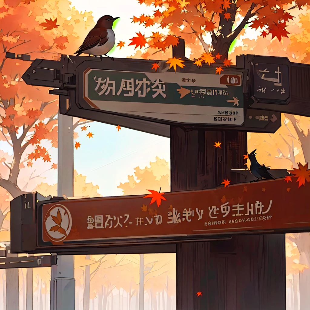 There is a bird sitting on a sign in front of a tree, Bob, 🍁 Lovely, 🍂 Lovely, Robin, Featuring the theme of the nightingale bird, Screenshots, Screenshots, Background Bar,  Background Image, background technology, Official screenshots, Random background scenes, Game image,  Screen Image, autumn
