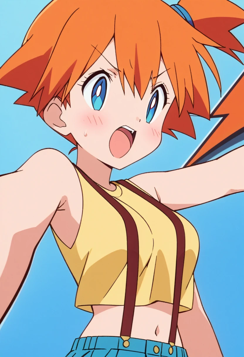 score_9, score_8_up, score_7_up, , zPDXL2, max detail, 4k wallpaper, masterpiece, best quality, absurdres, highres, dynamic angle, dynamic pose, source_anime, PokemonStyle, flat color,
1girl, solo, misty (pokemon), open mouth, orange hair, blue eyes, suspenders, side ponytail, breasts, teeth, blush, outline, shirt, short hair, yellow shirt, navel,blue background, simple background, sleeveless, bangs, , upper teeth only, bright pupils, bare shoulders, sleeveless shirt,, tongue,mediumshot,selfie
