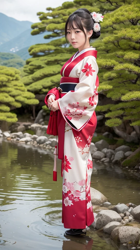 Generate an image of a maiko wearing a beautiful traditional kimono。She has a traditional Kyoto landscape in the background.。The maiko's hairstyle is set in a complex style along with the rice.、The face is made up in typical white paint。Her kimono features vibrant colors and intricate patterns.。Also、Holding a fan in his hand、Graceful posing。I would like the background to include cherry blossoms and old-fashioned buildings.。