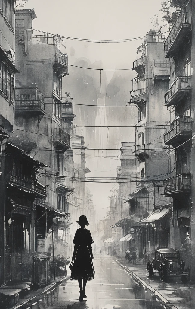 「I bow my head as if I were in despair.、Woman walking in a dark city。The desperate woman suddenly、Illuminated by the intense brightness of car headlights、The world is instantly illuminated in pure white light......。 」
