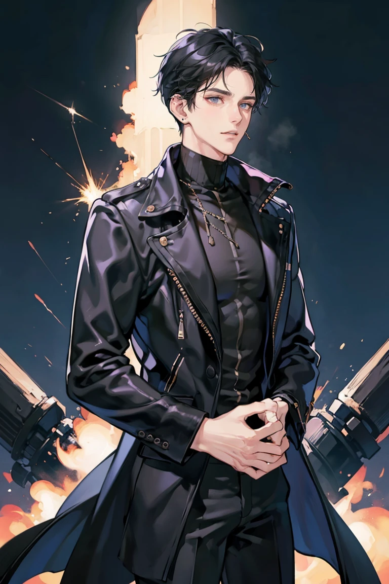 (masterpiece), best quality, seductive eyes, perfect face, handsome man, black eyes, short messy black hair, long nose, plain black turtleneck, black leather jacket, black fitted pants, full body, tall man, long legs, anime cover, 1boy, ear piercings, hands in pockets, adult-like look, bad boy, the background is an exploding tower with the entire city burning
