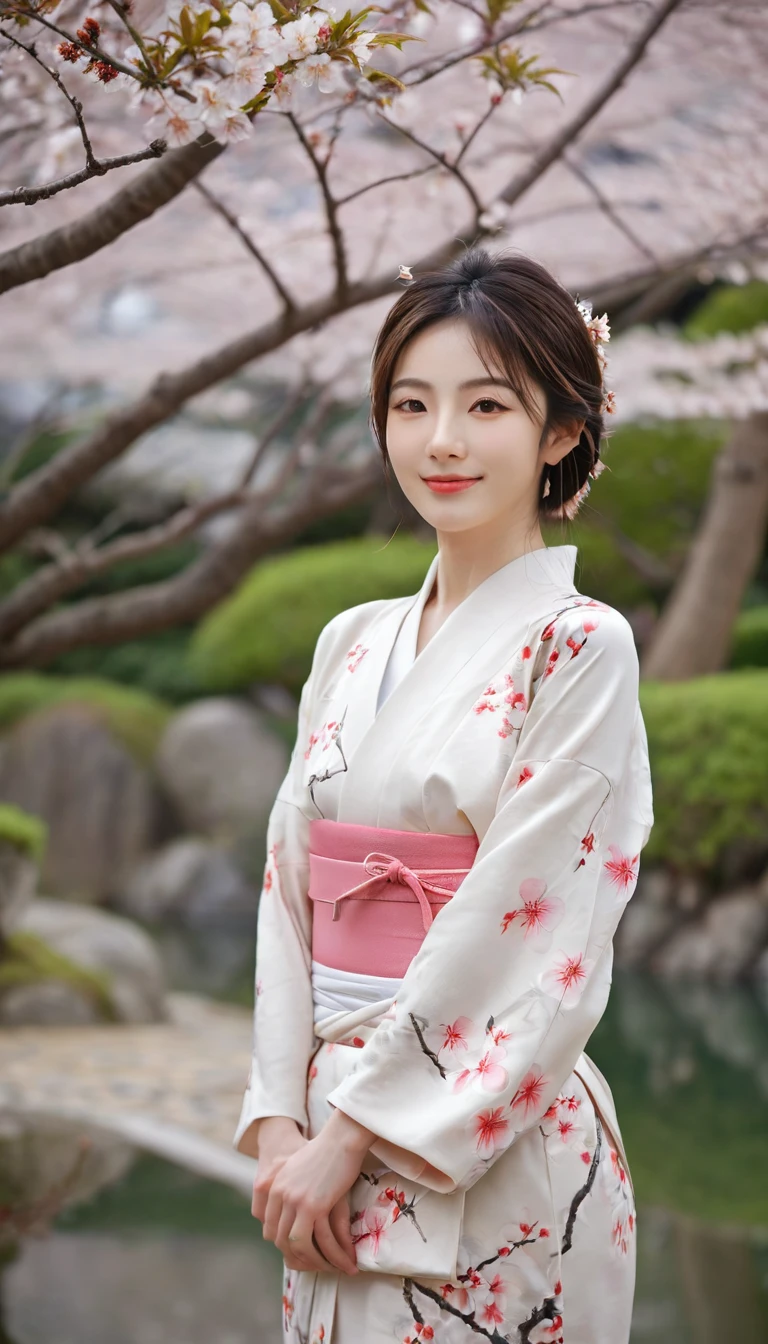 ((best quality)), ((masterpiece)), ((Practical)), A flawless girl stands in a peaceful Japanese garden，Cherry blossoms in full bloom can be seen at eye level, landscape, masterpiece, (high resolution), The original, extremely detailed 8K , (photoPractical:1.4),Flawless face, Perfect eyes,Symmetrical body shape,Smile, 