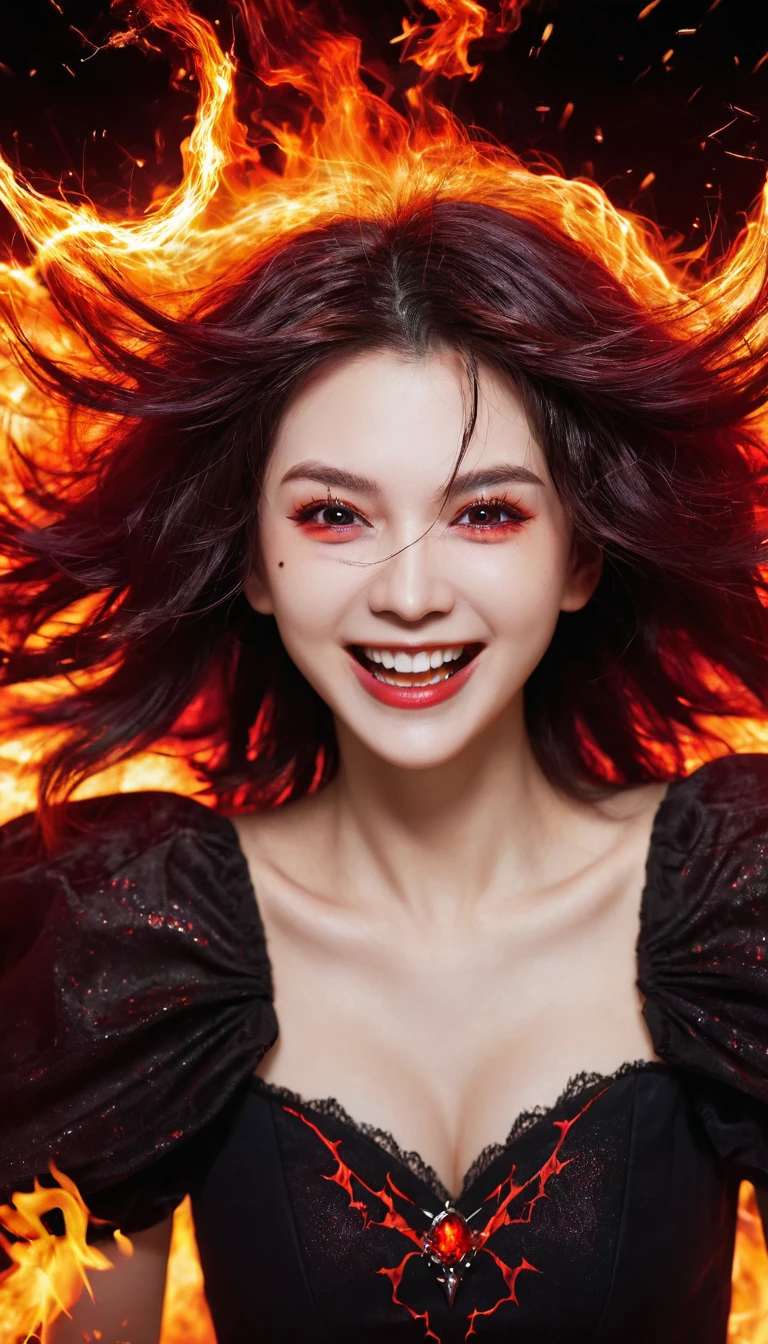1 Girl, Flying hair, Red Eyes, Fire Witch, Blood on the face, Light Particles, Lightning rays, wallpaper, rich and colorful, High contrast, vampire, giggle, Smile, psychopathic giggle, 病态Smile, Tilting your head