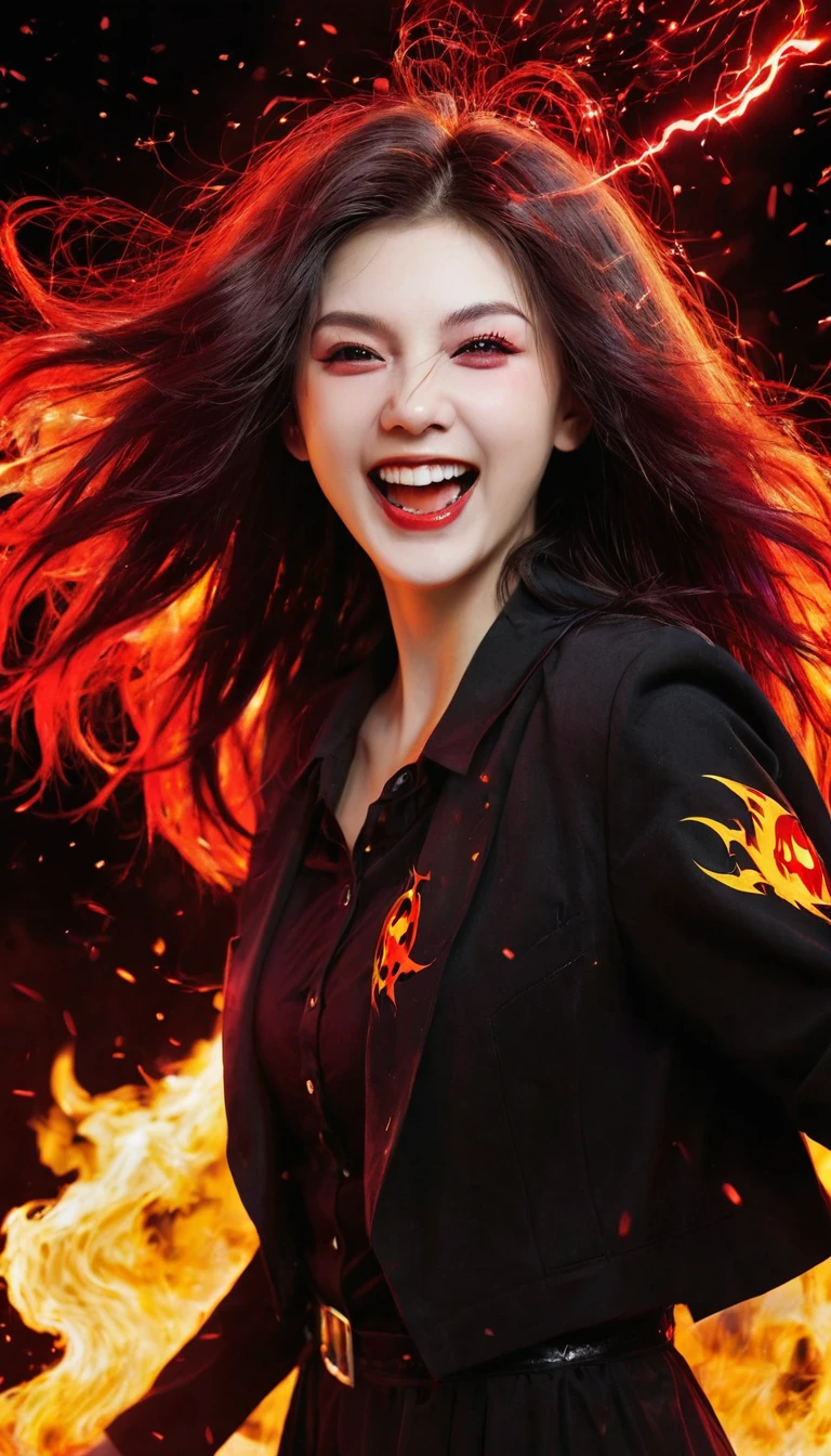1 Girl, Flying hair, Red Eyes, Fire Witch, Blood on the face, Light Particles, Lightning rays, wallpaper, rich and colorful, High contrast, vampire, giggle, Smile, psychopathic giggle, 病态Smile, Tilting your head